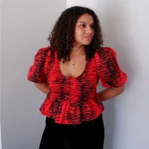 GANNI Puff Sleeve Shirred Peplum Top